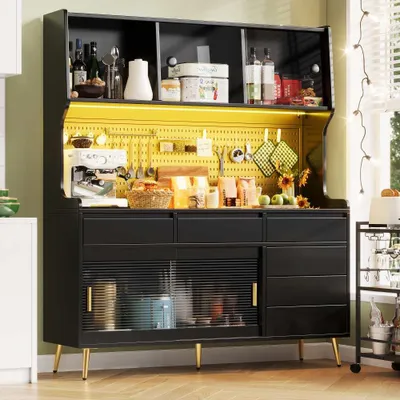 Image de Armoire haute à LED avecvia application : armoire moderne pour cuisine et salle à manger, avec tiroir et étagère, dimensions : 145 x 39 x 171 cm, noir