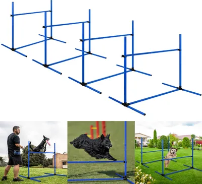Produktbild von UISEBRT Dog Agility Hurdle Set Agility vybavení pro psy 4 x překážky Slalomové tyče 104x70x101cm Nastavitelná výška s taškou, modrá barva