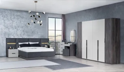 Produktbild von Schlafzimmer Set Möbel Bett 2x Nachttisch Kleiderschrank Möbel Komplett Set 5tlg