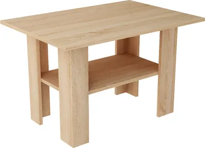 A light brown wooden coffee table with a shelf underneath, shown against a white background.