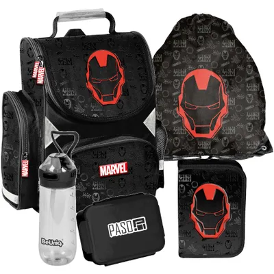 Produktbild von Schulrucksack Mädchen Jungen Motiv IRONMAN 5 T Set Rucksack, Federmäppchen, Schuhbeutel, Trinkflasche, Frühstückstasche Mega-Set Paso marvel