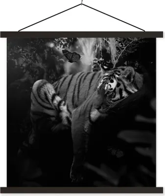Produktbild von MuchoWow® Textilposter Schmetterling - Dschungel - Tiger - Schwarz - Weiß 120x120 cm mit schwarzem Rahmen - Aufhängungsset