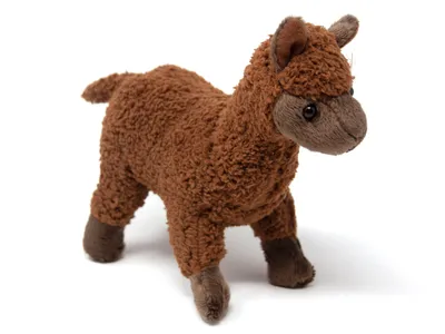A brown plush alpaca toy is shown against a white background.