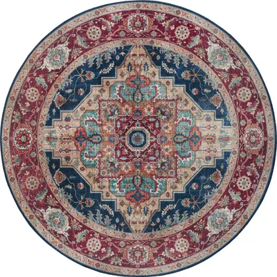 Zdjęcie produktu dla Dywan okrągły 160cm, orientalny granatowo czerwony płasko tkany