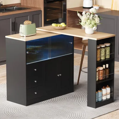 Obrázok produktu pre MODFU Kuchynský ostrov 115–172x40x96 cm, kuchynská skrinka s barovým pultom a výsuvnou doskou, príborník s 3 zásuvkami, LED osvetlením a sklenenými posuvnými dverami, čierna farba