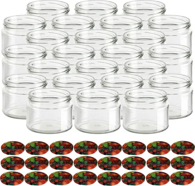 Produktbild von gouveo 24er Set Einmachgläser 300 ml Salsa mit Schraubdeckel Obst - Vorratsgläser mit Drehverschluss TO82 - Marmeladengläser, Einkochgläser