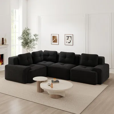 Produktbild von Modulares Sofa Cord Couch rahmenlose Wohnlandschaft 32D Schaumstoff Ecksofa tiefe Sitzfläche rutschfeste Sitzgruppe für Wohnzimmer und Büro kein Aufbau Schwarz