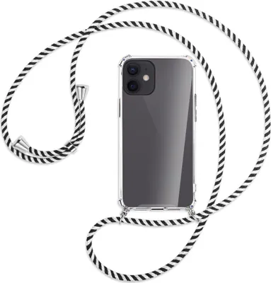 Produktbild von Handykette Backcover-Schutzhülle mit Band (Metall silberfarben) für Apple iPhone 12 Mini - schwarz/weiß gestreift
