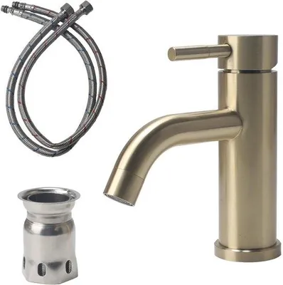 Zdjęcie produktu dla Bateria umywalkowa Ibenzoa® Goldene wykonana ze stali nierdzewnej SUS304, bez ołowiu, z jednym uchwytem, ceramiczną głowicą i aeratorem, wymiary 17 x 11,5 cm, długość węża 60 cm