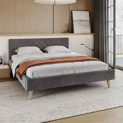 Produktbild von FDM Bett ZUZA 140x200 cm Polsterbett mit Lattenrost aus Holz Samt Trinity graphit