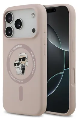 A pink iPhone case with a Karl Lagerfeld and Choupette design is shown on a light gray background, with the iPhone partially visible.