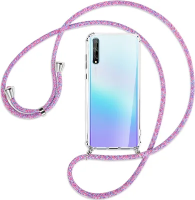 Produktbild von Handykette Backcover-Schutzhülle mit Band (Metall silberfarben) für Huawei P Smart S // Enjoy 10s / Y8p - lila/rosa/blau