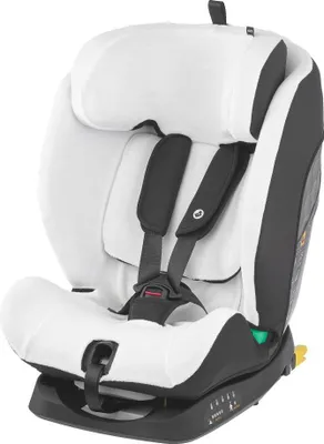 A child car seat with a white cover and black accents, shown from a front-diagonal angle.