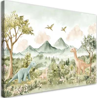 Produktbild von Leinwandbild für Kinderzimmer Fröhliche Dinosaurier Berglandschaft 60x40 Feeby Grün bild für die wand bereit zum aufhängen