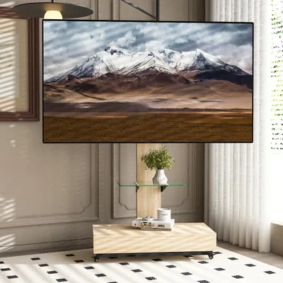 Zdjęcie produktu dla Szafka pod telewizor Natur 80 x 40 cm z szufladami, wózek pod telewizor z regulowaną wysokością na telewizory o przekątnej 32–75 cali, mobilny, do salonu i biura