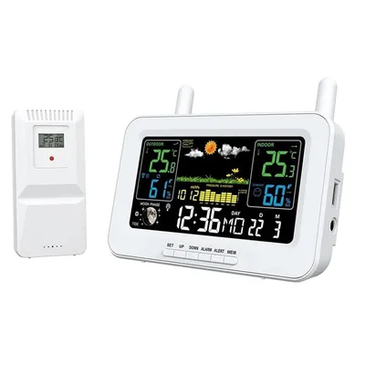 Produktbild von Funkwetterstationen, Drahtlose Wetterstation mit Außensensor, Innen- und Außenthermometer mit Zeit, Digital Thermometer, Temperatur, Luftfeuchtigkeit