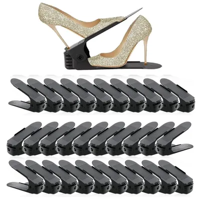 Image de Ensemble de 30 étagères réglables pour chaussures - Organisateur de chaussures - Empilable - Gain de place - Plastique - Noir