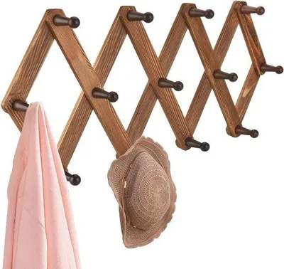Image de Porte-vêtements mural extensible en bois avec 13 crochets pour vêtements et accessoires