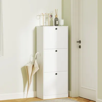 Produktbild von Schuhschrank 3 Klappschubladen platzsparend, Schuhkommode Spanplatte, Weiß | 47 x 26 x 120 cm | 12 Paar | verstellbare Einlegeböden