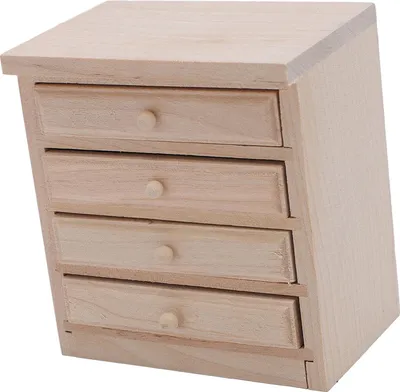 Obrázek produktu pro Dřevěný noční stolek pro panenky v měřítku 1:12, dřevěný vzhled, 4 zásuvky, realistický miniaturní noční stolek