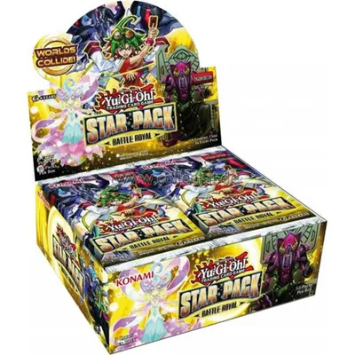 A display box of Yu-Gi-Oh! Star Pack: Battle Royale trading card game booster packs.