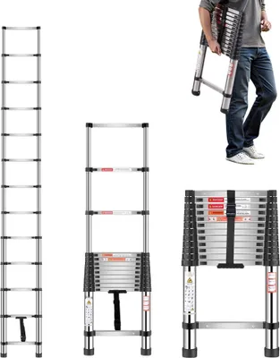 Obrázok produktu pre Teleskopický výsuvný rebrík z nehrdzavejúcej ocele - Skladací rebrík a štafle - Dĺžka 3740 mm - Robustná výsuvnosť