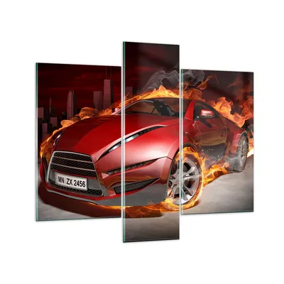 Produktbild von Bilder auf glas - Auto Flammen Rot - 95x80cm - Glasbilder - Wandbilder - Kunstdruck - zum Aufhängen bereit - Wanddekoration aus Glas - Glas Bilder - Wandbild auf Glas - 3 Teile - GCB95x80-0200