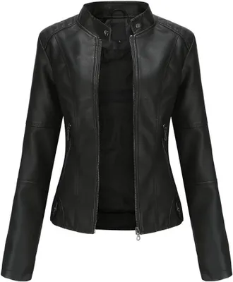 Productafbeelding van Dames bikerjack van kunstleer met opstaande kraag, ritssluitingen en slanke pasvorm, effen zwart