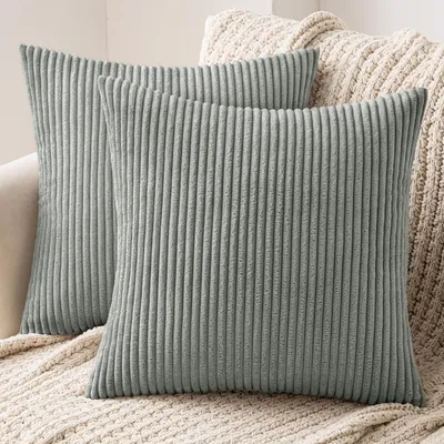 Produktbild von Set mit 2 Cord-Kissenbezügen für Sofa, Sessel, Dekokissen, Kuschelkissen für Sofa, Schlafzimmer, Wohnzimmer, 40x40 cm, grau/grün