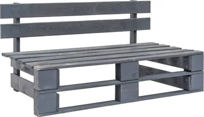 A gray wooden pallet bench with a backrest, shown against a white background.