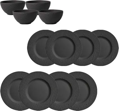 Immagine prodotto di Set di piatti Villeroy & Boch Manufacture Rock 12 pezzi, nero, servizio da tavola per 4 persone, piatto da pranzo ø 27 cm/piatto da colazione ø 22 cm/ciotola ø 14 cm, porcellana premium, effetto ardesia