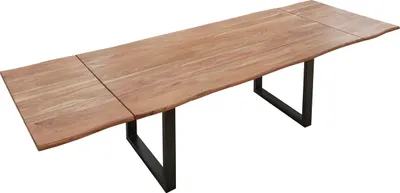 Produktbild von Baumkantentisch 160 (260) x 90 cm Norina, Akazienholz massiv & stonefarben lackiert, Esszimmertisch inkl. 2 Ansteckplatten, echte Baumkante, Esstisch mit U-Metallgestell in Schwarz
