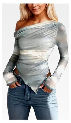 Produktbild von Langarmshirt Damen Elegant Batik Top Slim Fit Gerafft Schulterfreies Oberteil Lässiges Shirt Partytop Herbst Outfit Mit Tie-Dye Schulterfrei Asymmetrisches Enges Top