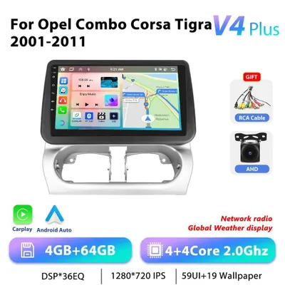Obrázek produktu pro Pro Opel Combo/Corsa 2001–2011 – autorádio 2-DIN s Androidem 13 – 23cm displej – 4 GB + 64 GB – 2,0 GHz MTK – GPS – RDS – ovládání na volantu