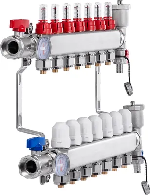 Produktbild von SucceBuy 7-armiger Wärmeverteiler, 1/2" PEX-Rohr, Edelstahl für Fußbodenheizung, Kit mit 1/2" Adaptern im Lieferumfang enthalten