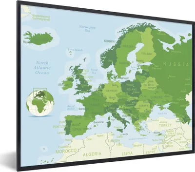 Produktbild von MuchoWow® MuchoWow® Gerahmtes Poster Karte - Europa - Grün 40x30 cm - Poster mit zchwarzem Bilderrahmen - Kunstposter - Wanddekorationen