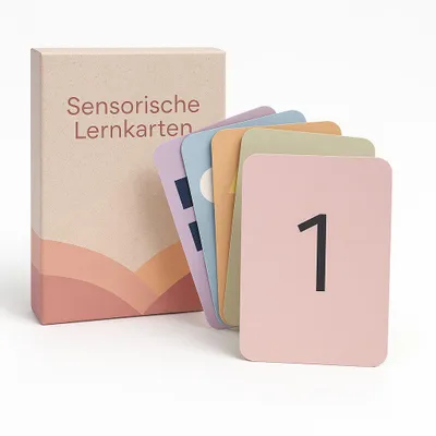 A box of sensory learning cards with several cards fanned out in front of it.