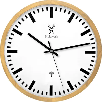 Produktbild von Holzwerk GOLDBERG (FUNK) moderne Bahnhof Holz Funk Wanduhr, 30 cm, beige, weiß