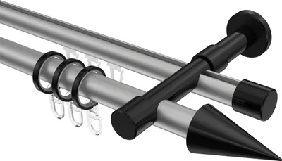 Produktbild von Interdeco Rundrohr-Innenlaufstange / Gardinenstange (Kombination) Silbergrau / Schwarz, Typ Prestige Savio (Kegel), 20 mm Ø 2-läufig, 180 cm