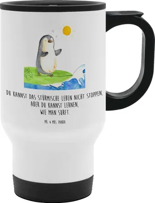 Produktbild von Mr. & Mrs. Panda thermosbecher Pinguin Surfer - Weiß - Geschenk, Thermobecher, Kaffeebecher To Go, Hawaii, trinkbecher mit deckel, Portugal, Urlaub, Kaffee-Thermobecher