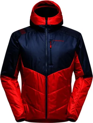 Rote und dunkelblaue La Sportiva Mythic Primaloft Jacke mit Kapuze und Reißverschluss vorne