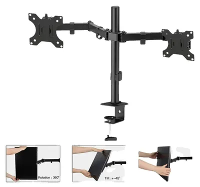Image de Support mural pour écran, charge maximale de 16 kg par bras, fixation VESA 75x75/100x100 mm, compatible avec les écrans de 15 à 32 pouces, inclinaison de -15° à +15°, rotation et pivotement à 360°