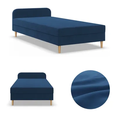 Produktbild von Einzelbett 90x200 – Bett mit Matratze, gepolstertes Kopfteil, Jugendbett / Kinderbett, Kontinentales Bett, Samt, Dunkelblau, Blau, CASPE 90 x 200