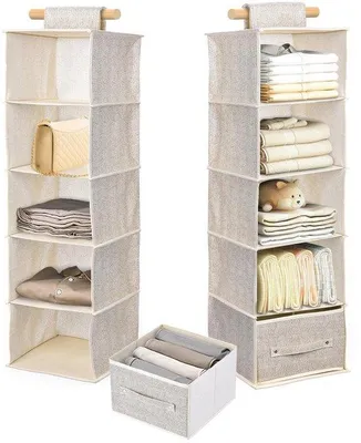 Image de Unyqoos® Set (2) : organisateur de vêtements suspendu – 5 étagères et 2 tiroirs amovibles, en lin et coton, gain de place pour placard