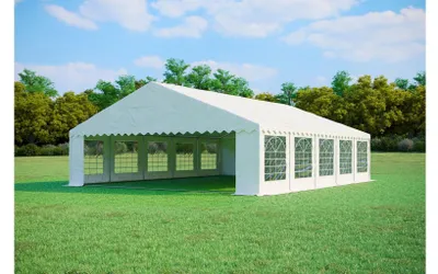 Immagine prodotto di Tendone per feste 8x10 m PREMIUM – PVC 500 g/m² con trattamento ignifugo, telaio a terra + rinforzi del tetto, fino a 160 persone - Bianco