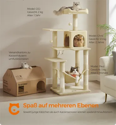 Produktbild von FEANDREA Kratzbaum, 143 cm, Katzenbaum mit Hängematte, beige PCT161M01