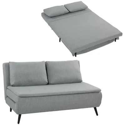 Immagine prodotto di HOMCOM Divano Letto 2 Posti 3 in 1 in Tessuto Effetto Lino con 2 Cuscini, Struttura in Legno e Acciaio, Grigio Chiaro