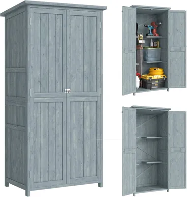 Obrázek produktu pro Venkovní skříň z dřeva – úložný prostor pro zahradní nářadí – dvojité dveře – rozměry 85 x 54 x 170 cm – šedá barva