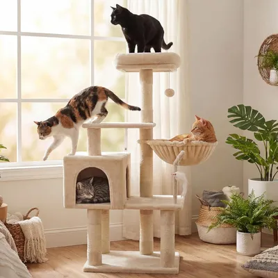 Immagine prodotto di Albero per gatti Kratzbaum, altezza 111 cm, con amaca, giochi, pali in sisal e piattaforma, colore beige, per uso interno