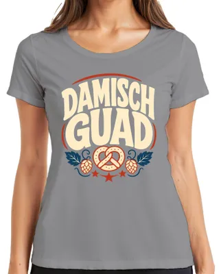 Productafbeelding van Damisch Guad Bayern Bretzel (pretzel), hop, bier, lederhosen, Wiesn (), dames T-shirt, grijs, maat M